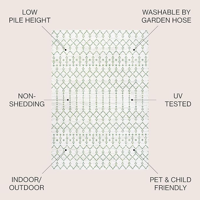 JONATHAN Y Moroccan Geometric Indoor Outdoor Square Area Rug 5X5 Green/Ivory, Ourika Textured Weave for Backyard, Patio, Porch, Easy-Cleaning, High Traffic, Pet-Friendly, Non-Shedding (SMB108R-5SQ)