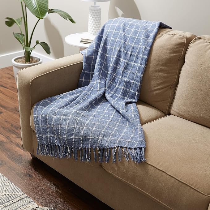 DII Transitional Checked Plaid Woven Throw, 50x60, Stonewash Blue