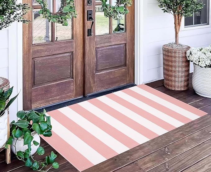 Pink White Outdoor Rug 2'x4',Striped Front Porch Rug Machine Washable Front Door Mat Entryway Throw Rug for Front Porch Indoor Outdoor Doormat