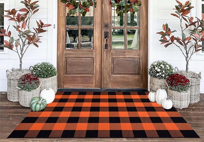 Orange and Black Outdoor Rug 3x5ft,Halloween Front Porch Mat Farmhouse Cotton Washable Layering Rug Checkered Area Rug for Porch,Entryway,Indoor,Outdoor,Halloween,Fall