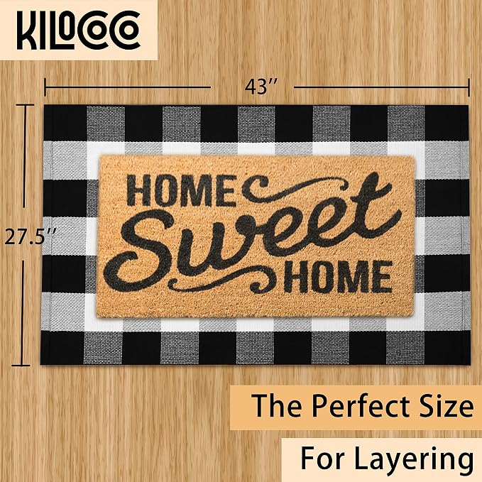 KILOCOCO Buffalo Plaid Checkered Rug 27.5x43 in Black White Front Door Rug | Cotton Woven Outdoor Rug, Machine Washable Front Door Mat, Indoor Entryway Rug, Low Pile Welcome Mats for Farmhouse