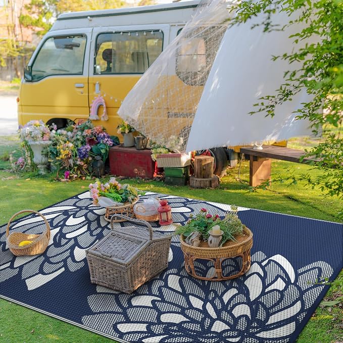 GENIMO Outdoor Rug, Waterproof Plastic Rugs for Patio, 6'x9' Indigo White | Outside Larger Leaf Carpet Mat for Porch Decor, Deck, Balcony, Camping, RV, Backyard, Picnic, Beach, Reversible, Foldable