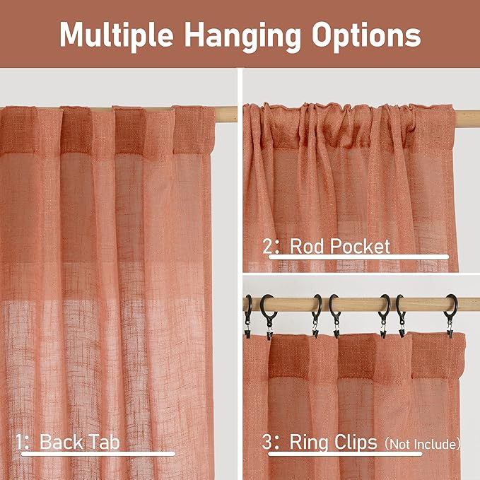 LAMIT Terracotta Linen Semi Sheer Curtains 45 Inch for Bedroom, Light Filtering Neutral Window Curtains Farmhouse Boho Back Tab and Rod Pocket Fall Decor Panels, 2 Panels, 52 x 45 Inch