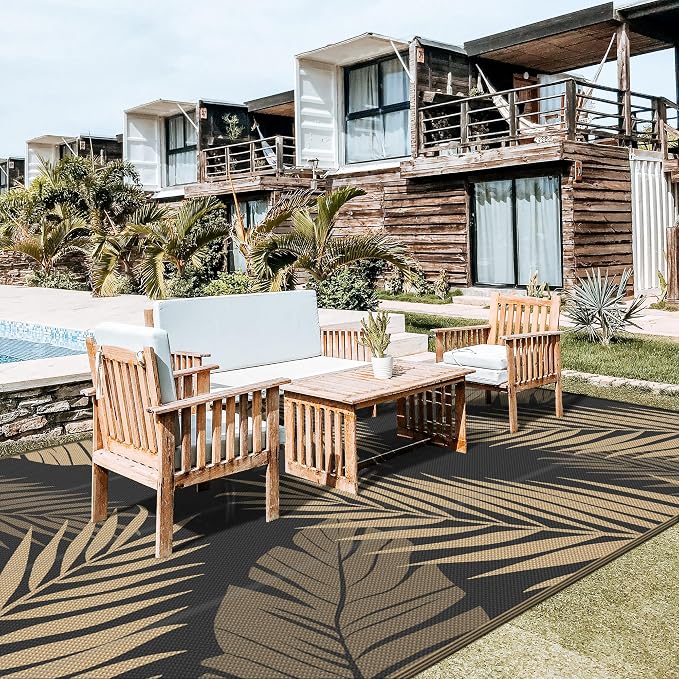 GENIMO Outdoor Rug, Waterproof Plastic Rugs 10'x20' for Camping Black Brown | Outside Larger Leaf Carpet Mat for Patio Decor, RV, Porch, Camper, Deck, Picnic, Beach, Backyard, Reversible, Foldable
