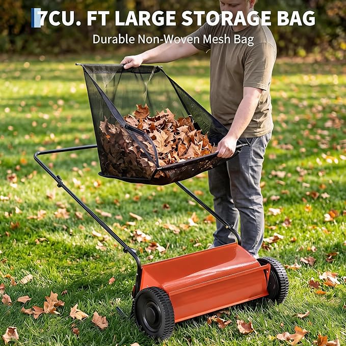 Heavy Duty 26-Inch Push Lawn Sweeper – 4 High-Speed Spinning Brushes | Durable Steel Frame, 7 Cu. Ft. Removable Bag, Walk-Behind Leaf & Grass Collector for Garden, Patio, Driveway, Outdoor –