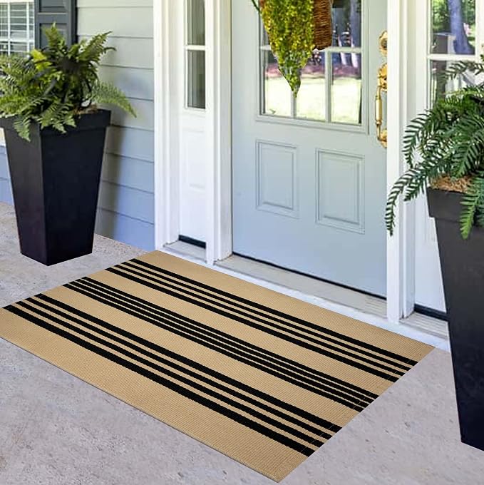 Striped Outdoor Rug 24"x51",Tan and Black Layered Doormat Cotton Woven Washable Indoor Outdoor Porch Rug Farmhouse Small Area Rug for Porch/Entryway/Home Entrance Decor