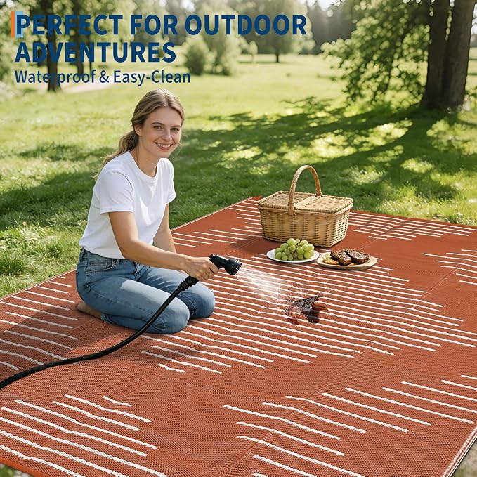 Garvee 10x14 Outdoor Area Rugs Waterproof Easy-Cleaning Plastic Reversible Rugs Indoor Outdoor RV Mat Carpet for Patio Backyard Porch RV Beach Picnic Terracotta White