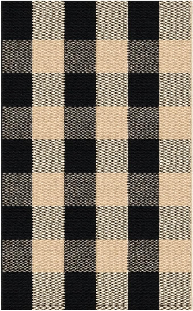 KOZYFLY Buffalo Plaid Area Rugs 2x3 Ft Brown and Black Checkered Rugs Washable Front Door Mat Hand Woven Cotton Outdoor Small Rug for Front Porch Kitchen Entryway Patio Bathroom