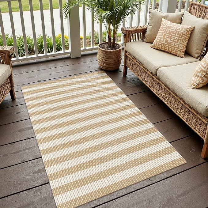 Rugalia Washable Woven Entryway Rug 3x5, Natural Beige Striped Cotton Indoor Outdoor Doormat Low Plie Non-Slip Kitchen Mat, Modern Neutral Floor Carpet for Porch Living Room Bedroom Patio