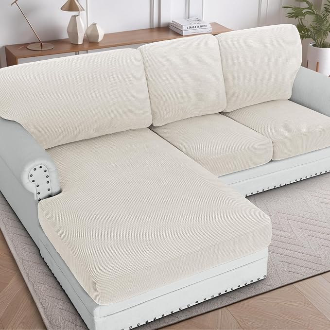 H.VERSAILTEX Sectional Couch Covers 3 Pieces Sofa Seat Cushion Covers L Shape Separate Cushion Couch Chaise Cover for Both Left/Right Sectional Couch (Seat Only: 1 Chaise + 2 Sofa, Ivory)