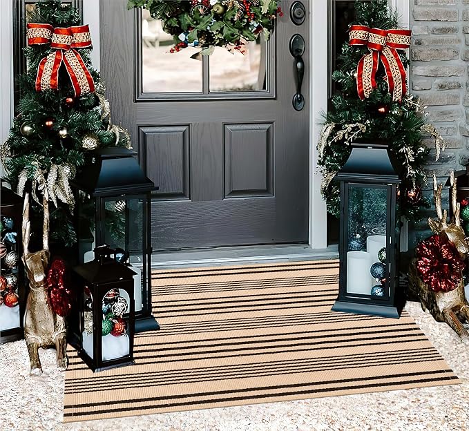 Front Outdoor Door Mat 2'x3',Tan Black Striped Outdoor Rug Machine Washable Cotton Layered Door Mat Entryway Throw Rug for Indoor Entrance