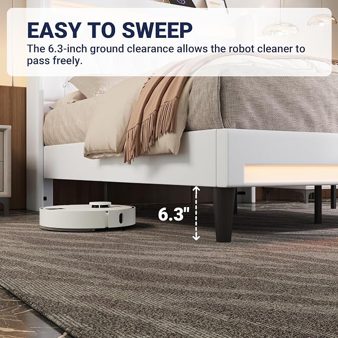 Allewie Full Size Upholstered Bed Frame with LED & Charging Station, White | Customizable LED lights, charging station, tufted wingback headboard, noise-reducing support, and no box spring needed.
