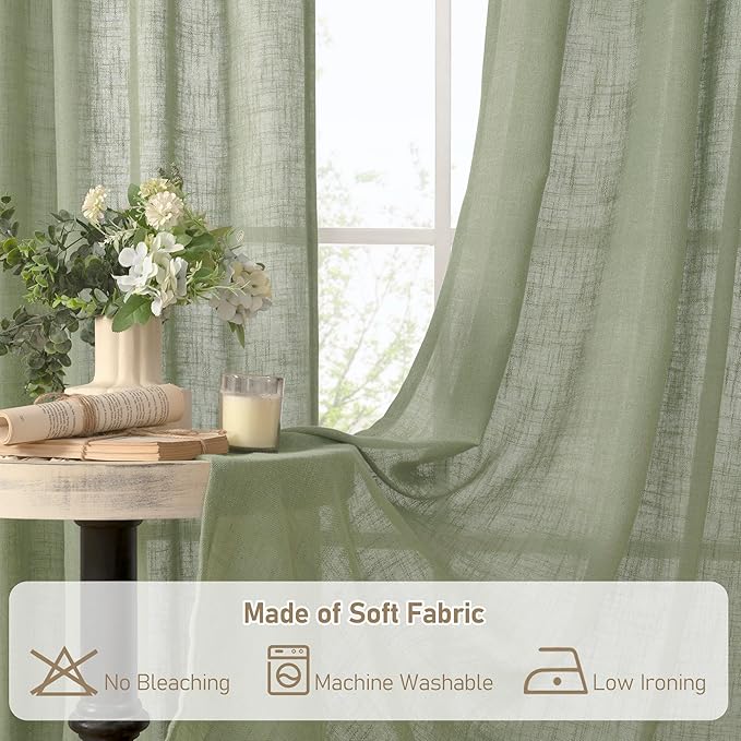 LAMIT Sage Green Linen Curtains 63 Inch for Bedroom, Light Filtering Neutral Semi Sheer Window Curtains Back Tab and Rod Pocket Christmas Panels, 2 Panels, 52 x 63 Inch
