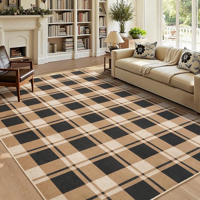 AROGAN Checkered Jute 6x9 Area Rugs, Washable Outdoor Patio Rug for Living Room Entrance Indoor Outdoor Carpet, Farmhouse Design Neutral Geometric Rugs for Front Porch Mat Dining Room