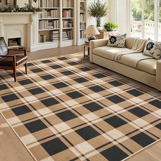 AROGAN Checkered Jute 5x7 Area Rugs, Washable Outdoor Patio Rug for Living Room Entrance Indoor Outdoor Carpet, Farmhouse Design Neutral Geometric Rugs for Front Porch Mat Dining Room