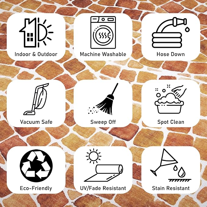 ReaLife Rugs Machine Washable Indoor Outdoor - Mat Rug Foldable Printed Thin Lightweight Cushioned Fade Resistant Patio Deck Dock Porch Pool Balcony Camping - Emery - Red Orange 4' x 6'