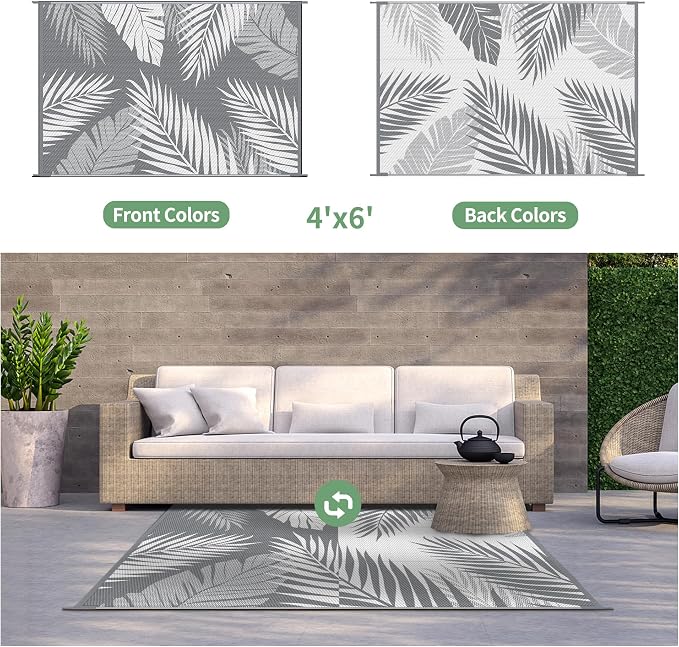 GENIMO Outdoor Rug, Waterproof Plastic Rugs for Patio, 4'x6' Grey White | Outside Larger Leaf Carpet Mat for Porch Decor, Deck, Balcony, Camping, RV, Backyard, Picnic, Beach, Reversible, Foldable