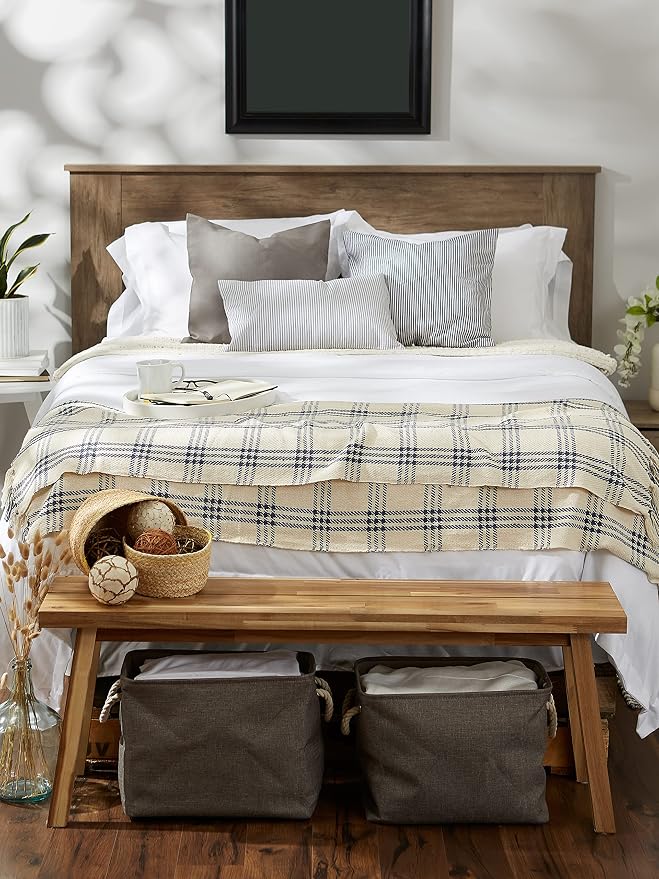 DII Modern Farmhouse Plaid Collection Cotton Fringe Throw Blanket, 50x60, White/French Blue