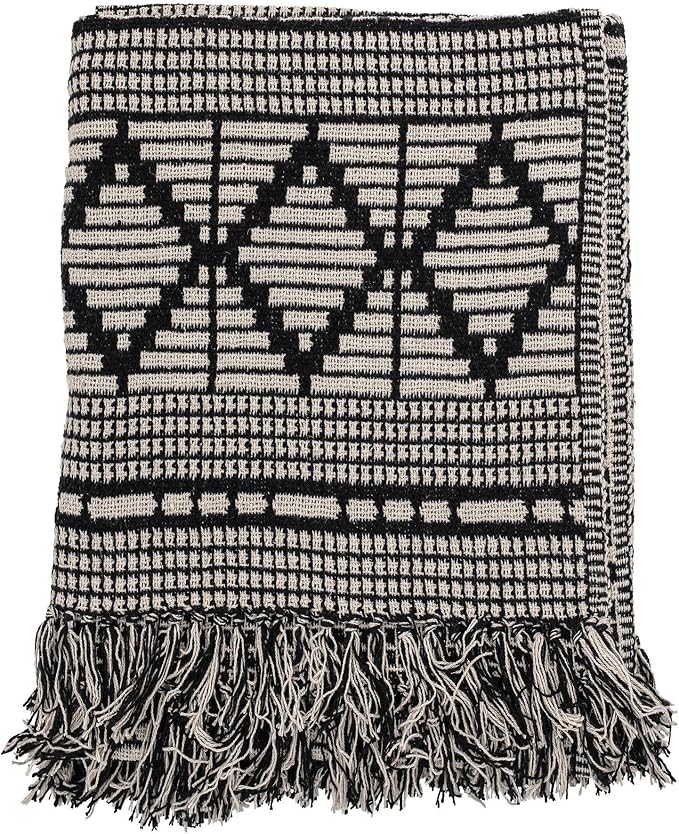 Bloomingville Soft Reclaimed Cotton Blend Throw with Diamond Pattern and Fringe, Black and Beige