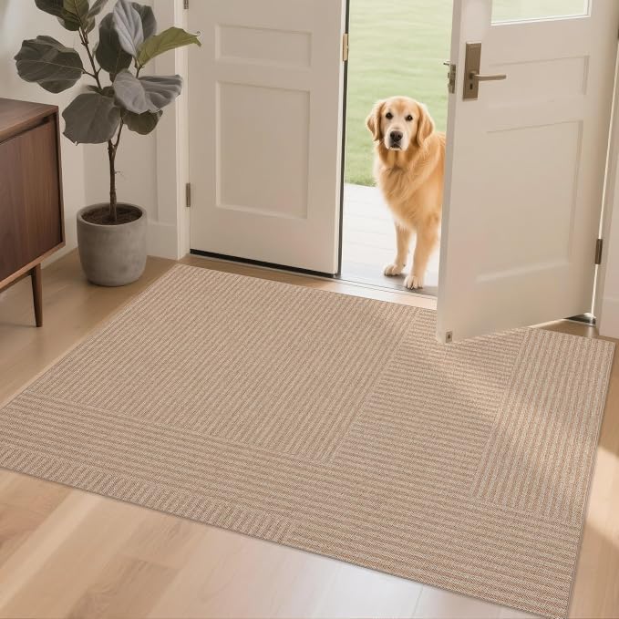 Non-Slip Jute Rug for Entryway: 3x5 Outdoor Mat - Beige Stripes | Safe Walking for Family All Day and Help with Cutting Slip Falls by 70%