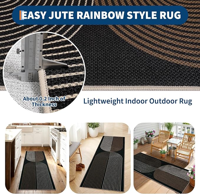 COZYLOOM 2x6 Striped Entryway Rugs Indoor Washable Easy Jute Runner Rug with Non Slip Backing, Non Shedding Stain Resistant Rainbow Carpet Foldable Thin Mats for Kitchen, Bedroom, Patio, Black Brown