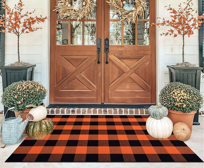 Orange and Black Outdoor Rug 3x5ft,Halloween Front Porch Mat Farmhouse Cotton Washable Layering Rug Checkered Area Rug for Porch,Entryway,Indoor,Outdoor,Halloween,Fall