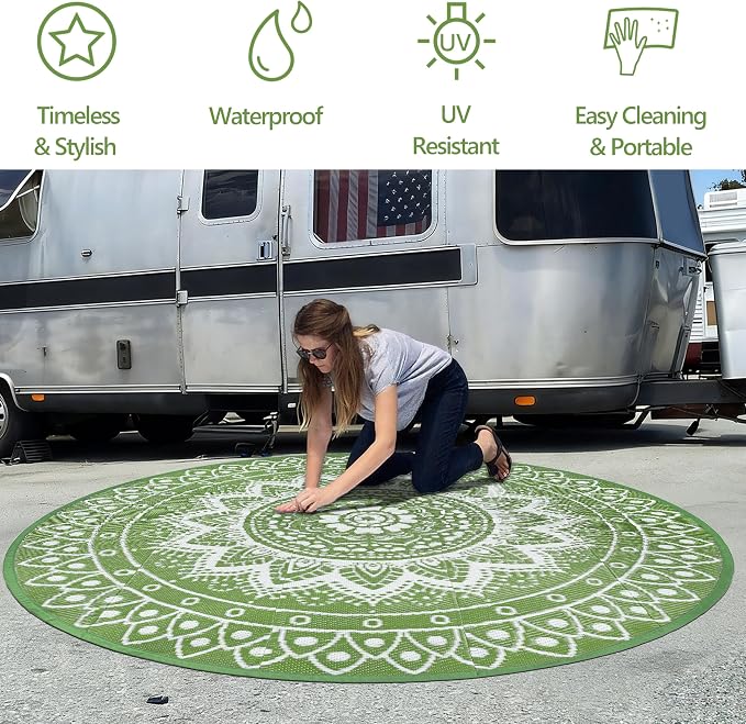 Round Outdoor Rugs for Patios, 8Ft Waterproof Reversible Plastic Straw Mat with Carry Bags, Boho Lightweight Outdoor Carpet Portable Round Floor Mat for Patio Camping Picnic Backyard RV,Green & White