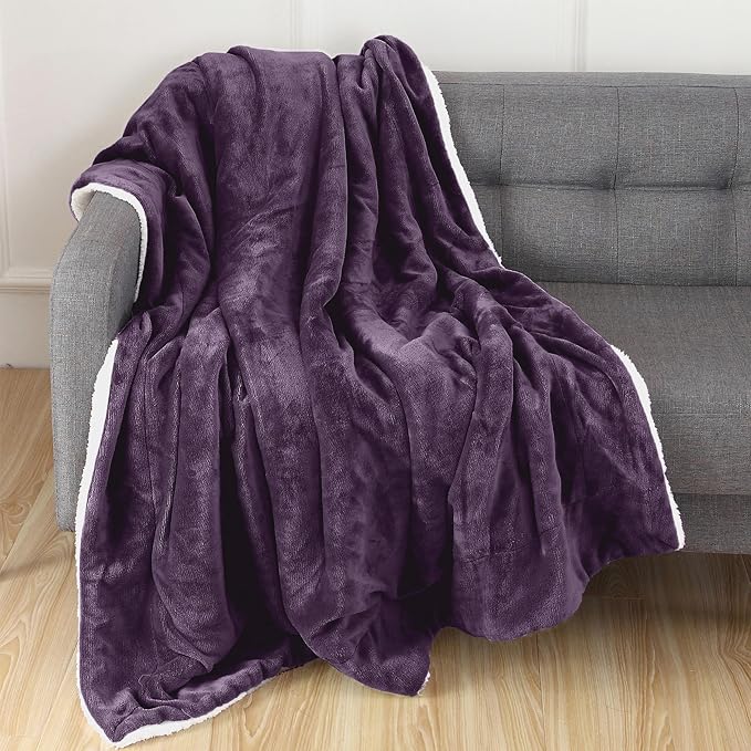 Elegant Comfort Throw Blanket, Reversible Sherpa Flannel, Ultra-Soft, Fuzzy, Cozy and Plush- All Season Lightweight Decorative Throw, 50 x 60 inches, Solid Sherpa Throw, Purple