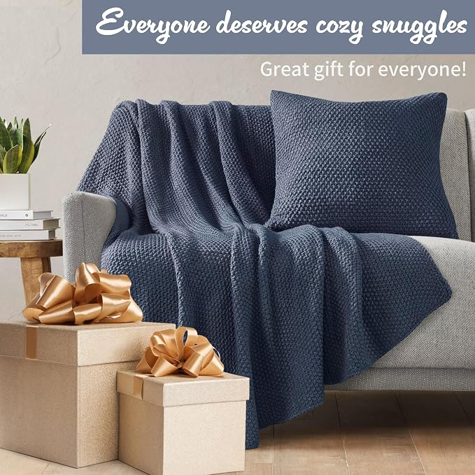 INK+IVY Bree Knit All Season Throw Blanket for Sofa, 50 x 60, Indigo | Ultra Soft, Acrylic, Lightweight, OEKO-TEX Certified