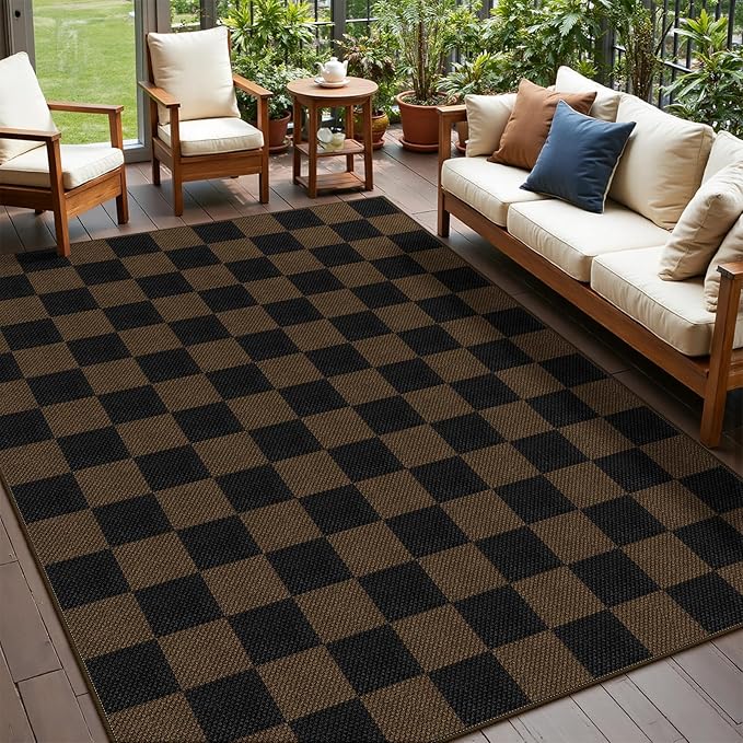 Rugalia Easy Jute Coffee Checkered 5x7 Area Rug, Washable Modern Rugs for Living Room Non-Slip Diamond Bedroom Rug, Farmhouse Checkerboard Indoor Outdoor Carpet for Patio Dining Room Classroom