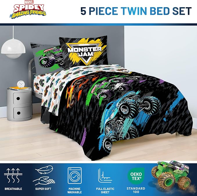 Monster Jam Trucks Twin Comforter Set 5 Piece Kids Bedding for Boys, Black | Grave Digger Megalodon, Comforter Sheets Sham Pillowcase, Official Product, Soft Microfiber, Machine Washable, Boys Gift