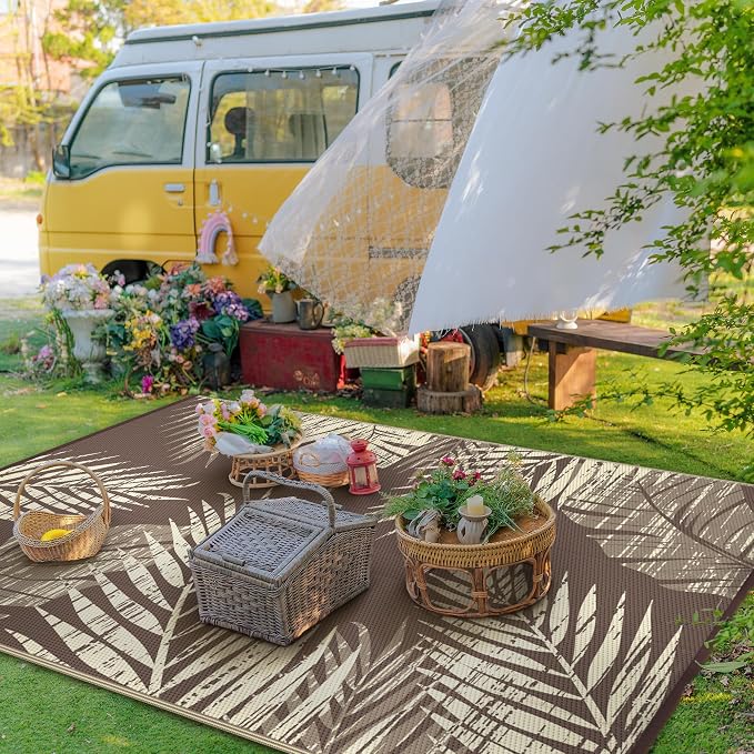 GENIMO Outdoor Rug, Waterproof Plastic Rugs for Patio, 6'x9' Cocoa Beige | Outside Larger Leaf Carpet Mat for Porch Decor, Deck, Balcony, Camping, RV, Backyard, Picnic, Beach, Reversible, Foldable