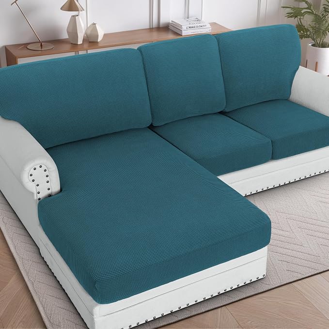 H.VERSAILTEX Sectional Couch Covers 3 Pieces Sofa Seat Cushion Covers L Shape Separate Cushion Couch Chaise Cover for Both Left/Right Sectional Couch (Seat Only: 1 Chaise + 2 Sofa, Deep Teal)