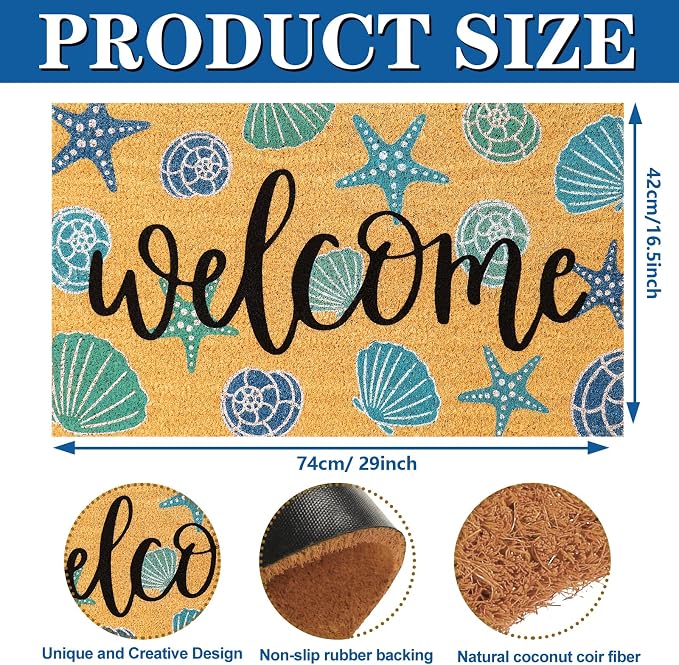 JarThenaAMCS Seashell Natural Coir Door Mat Aqua Blue Beach Theme Welcome Floor Mat Non-Slip Entrance Door Rugs for Summer Indoor Outdoor Home Bathroom Decor, 16.5 x 29 Inch