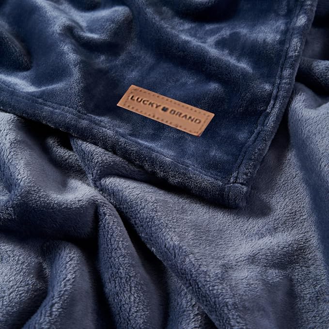 Lucky Brand Solid Plush 50"x70" Throw Blanket, Vintage Blue Indigo - Soft, Cozy, and Timeless Comfort