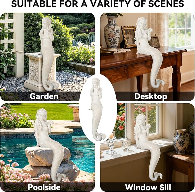 Large Mermaid Garden Statue, 25.6 in DIY Outdoor Sculpture Figurines | Pretty Lawn & Patio Decor, Antique White, Durable Weather-Resistant Finish Magnesium Oxide Stone