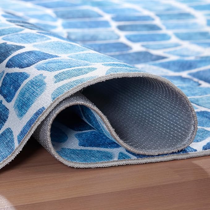 ReaLife Rugs Machine Washable Indoor Outdoor - Mat Rug Foldable Printed Thin Lightweight Cushioned Fade Resistant Patio Deck Dock Porch Pool Balcony Camping - Emery- Blue 4' x 6'