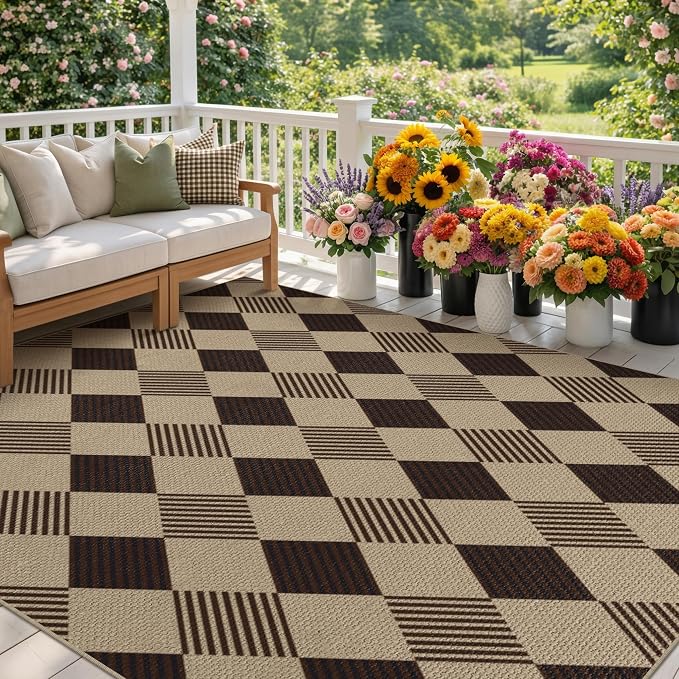 JTJ Easy Jute Diamond 5x7 Area Rug for Living Room - Door Mat Indoor Entrance, Checkered Plaid Rug for Patio, Bedroom, Home Office, Woven Low Pile Washable Beige Black Geometric Front Porch Décor
