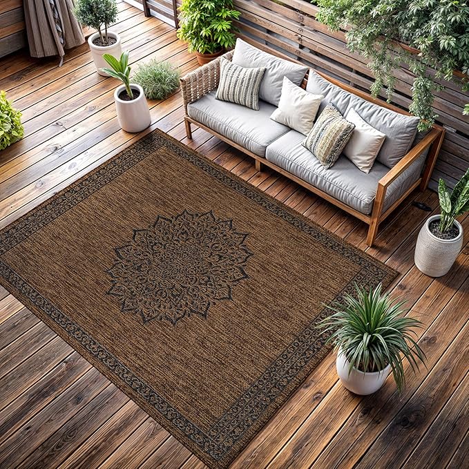 CAMILSON Outdoor Rug 9x12 Medallion Gold Modern Large Area Rugs for Indoor and Outdoor Patios Kitchen and Hallway Mats Washable Porch Deck Outside Carpet (Medallion Gold 9 x 12)