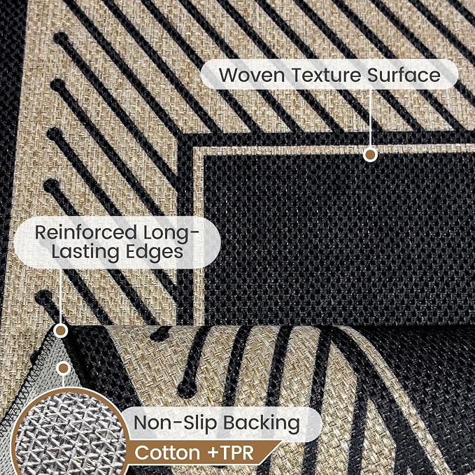 Washable Modern Easy Jute Rug 5x7, Striped Geometric Outdoor Indoor Patio Farmhouse Large Bordered Rugs, Woven Non Slip Thin Carpet Mat for Living Dining Room Bedroom Classroom Kids Nursery