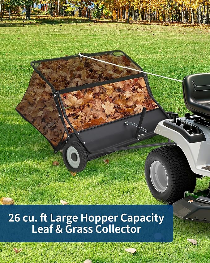 Garvee 50 in Lawn Sweeper Tow Behind, Pull Behind Yard Sweeper, 26 cu. ft Large Hopper Leaf & Grass Collector, Heavy Duty Garden Sweeper with Adjustable Sweeping Height for Yard, Lawn, Farm