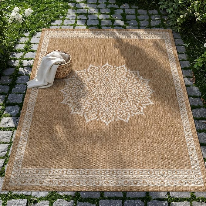 CAMILSON Outdoor Rug 9x12 Medallion Natural Modern Large Area Rugs for Indoor and Outdoor Patios Kitchen and Hallway Mats Washable Porch Deck Outside Carpet (Medallion Natural 9 x 12)