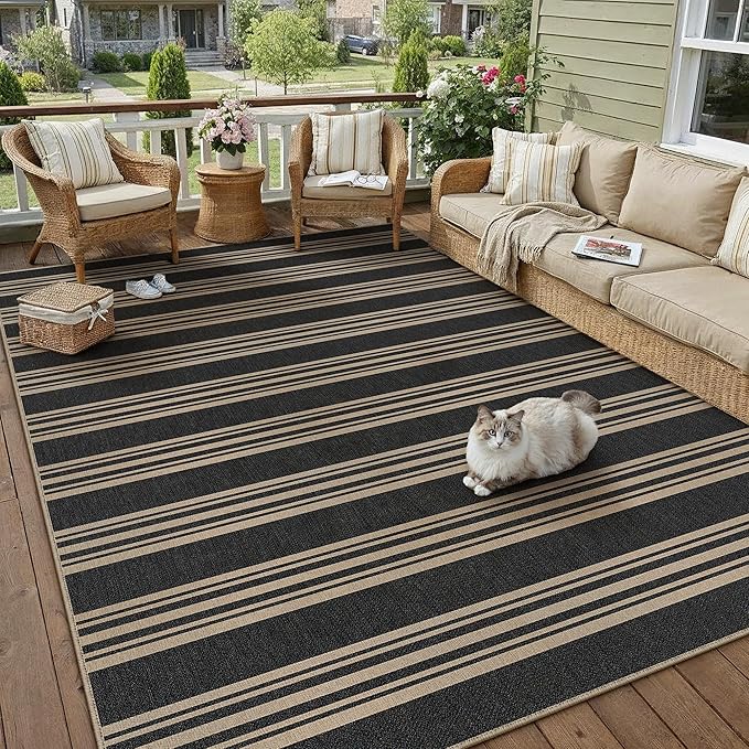 PureCozy Striped Easy Jute Rug 5x7 Black Living Room Carpet Washable Non Slip Bedroom Office Rug Farmhouse Neutral Non Shedding Indoor Outdoor Large Carpet for Kitchen Dining Room