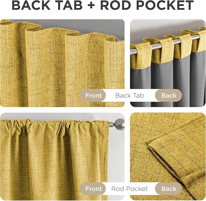 Joydeco Blackout Curtains for Bedroom - 100% Light Blocking 2 Panels Set Yellow Drapes 37" W x 96" L, Thermal Insulated Room Darkening Curtains, Linen Textured for Living Room, Rod Pocket & Back Tabs