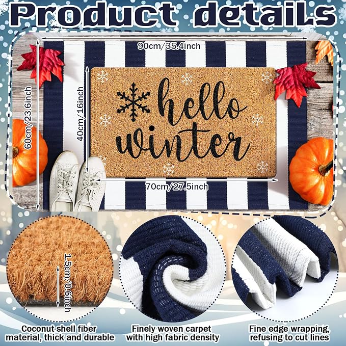 Moucuny 2 Pcs Hello Winter Door Mat Outdoor Snowflake Nature Coir Welcome Outdoor Rug Dark Blue White Stripe Front Door Rugs Non Slip Floor Mats for Winter Entrance Front Porch Decor