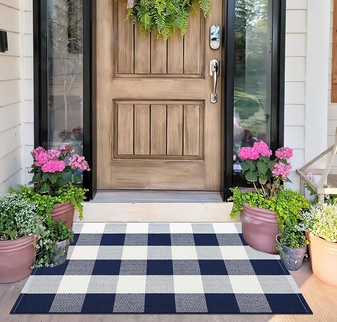 Front Door Mat Outdoor 24''x35''Blue and White Buffalo Plaid Area Rug Machine Washable Cotton Woven Layering Doomat for Hello/Welcome Mat Porch，Kitchen,Farmhouse,Entryway,Bedroom