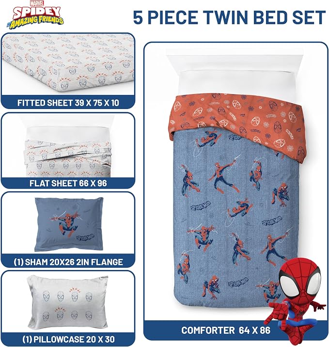 Marvel Spiderman Twin Comforter Set 5 Piece Bedding for Boys, Blue | Bed in a Bag, Comforter Sheets Sham Pillowcase, Official Product, Soft Microfiber, Machine Washable, Easy Care, Boys Gift