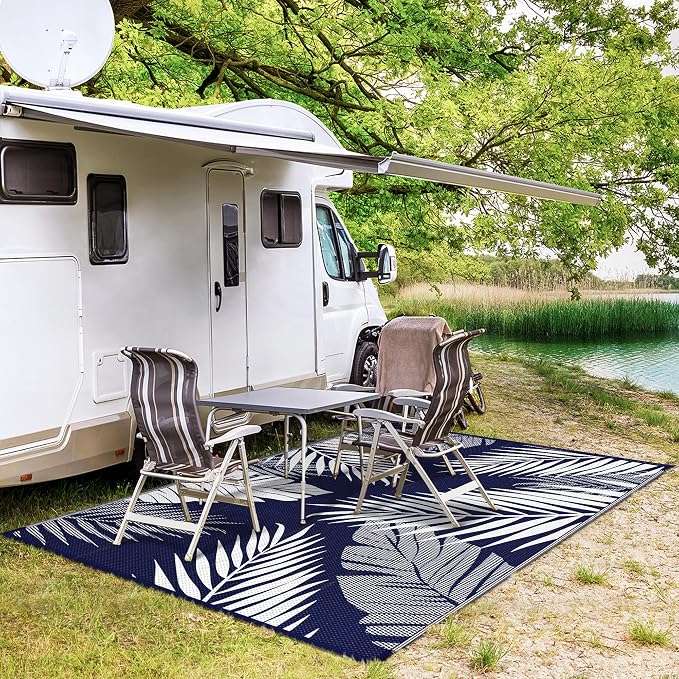 GENIMO Outdoor Rug, Waterproof Plastic Rugs for Patio, 9'x12' Blue White | Outside Larger Leaf Carpet Mat for Porch Decor, Deck, Balcony, Camping, RV, Backyard, Picnic, Beach, Reversible, Foldable