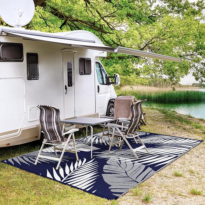 GENIMO Outdoor Rug, Waterproof Plastic Rugs for Patio, 8'x10' Blue White | Outside Larger Leaf Carpet Mat for Porch Decor, Deck, Balcony, Camping, RV, Backyard, Picnic, Beach, Reversible, Foldable