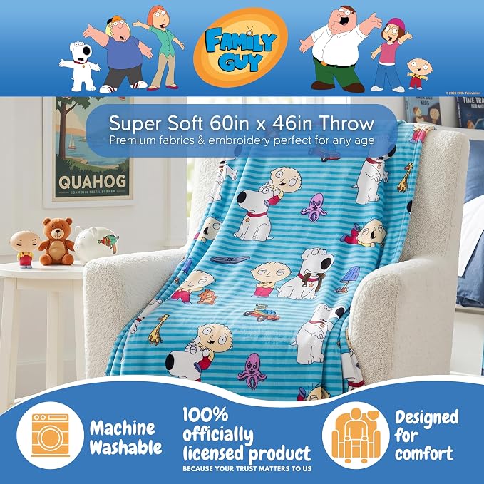 Family Guy Stewie Brian Fluffy Throw 46 in x 60 in, Soft Cozy Decorative Blanket for Couch or Bed (100% Officially Licensed Product) By Franco Collectibles